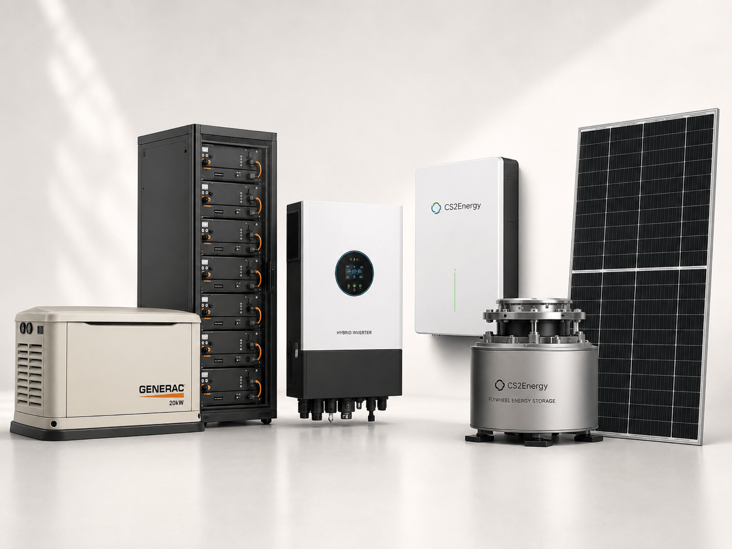 Sample energy-system components including a 20kW standby generator, rack ESS modules, a hybrid inverter, a wall-mount ESS unit, a flywheel generator, and a monocrystalline solar panel
